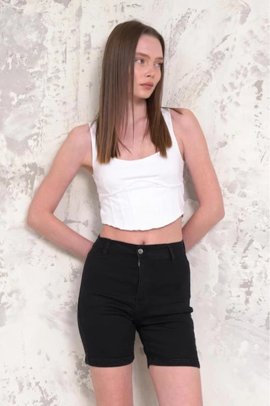 Kadın Likralı Düz Paça Denim Kısa Şort - 7