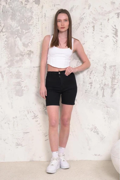 Kadın Likralı Düz Paça Denim Kısa Şort - 6