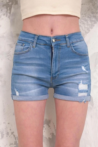 Kadın Likralı Duble Paça Yıpratmalı Denim Mini Şort - 9
