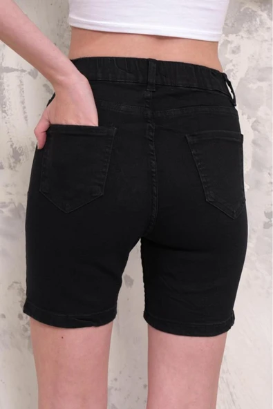 Kadın Likralı Düz Paça Denim Kısa Şort - 2
