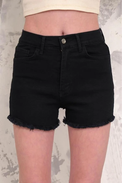 Kadın Likralı Etek Ucu Püsküllü Denim Mini Şort - 3