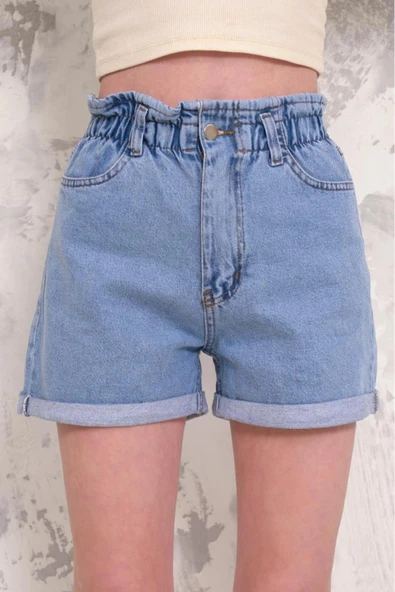 Kadın Fırfır Detaylı Beli Lastikli Duble Paça Denim Mini Şort - 3