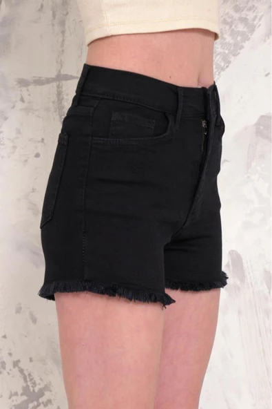 Kadın Likralı Etek Ucu Püsküllü Denim Mini Şort - 4