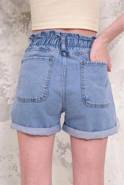 Kadın Fırfır Detaylı Beli Lastikli Duble Paça Denim Mini Şort - 8