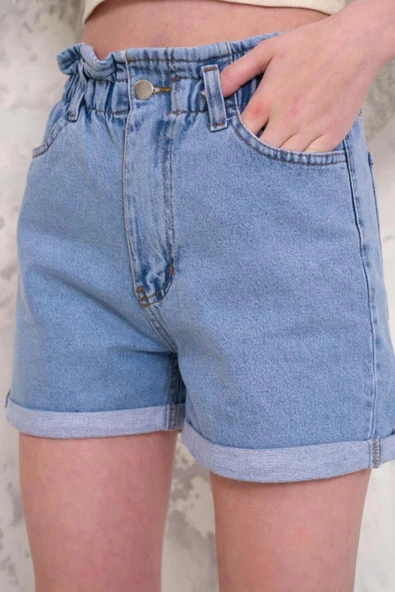 Kadın Fırfır Detaylı Beli Lastikli Duble Paça Denim Mini Şort - 4