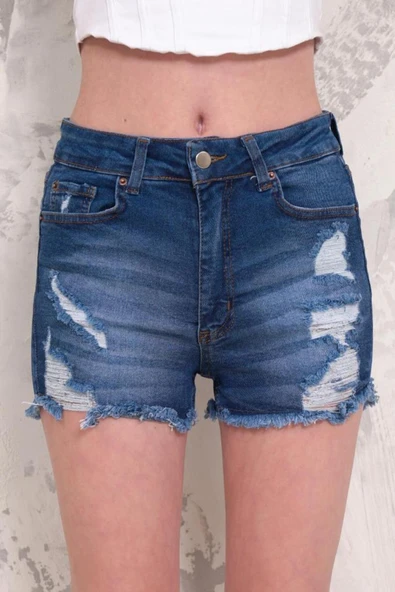 Kadın Likralı Etek Ucu Püsküllü Yıpratmalı Denim Mini Şort - 3