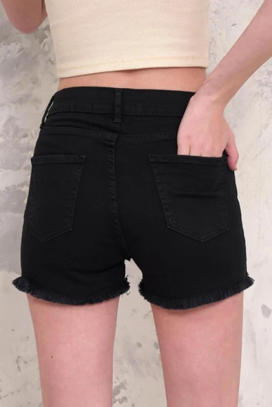 Kadın Likralı Etek Ucu Püsküllü Denim Mini Şort - 8