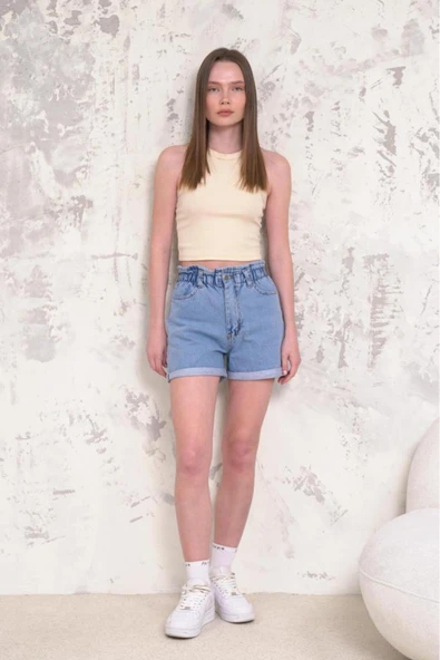 Kadın Fırfır Detaylı Beli Lastikli Duble Paça Denim Mini Şort - 12