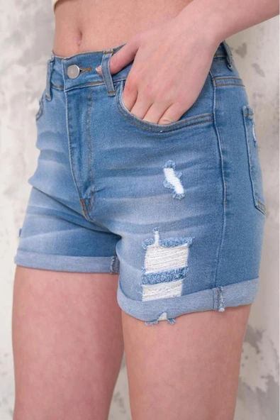 Kadın Likralı Duble Paça Yıpratmalı Denim Mini Şort - 10