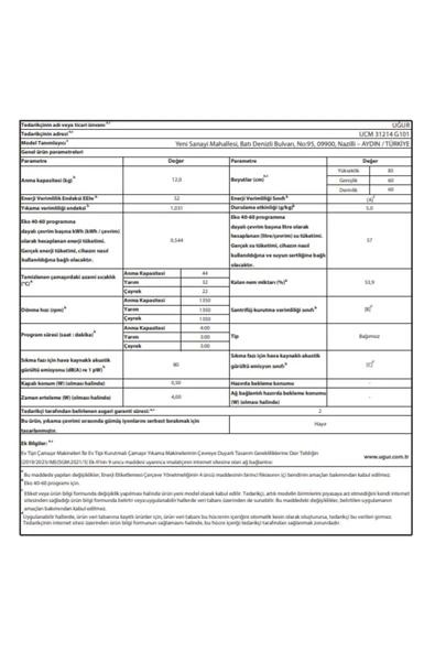 Uğur UCM 31214 G101 12 kg 1400 Devir Çamaşır Makinesi - 7