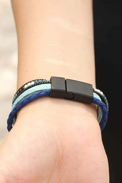 Mavi Renk Desenli Tasarımlı Taşlı Lacivert Örgü Model Kadın Deri Bileklik - 2