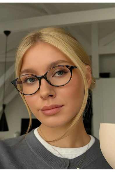 Mavi Işık Korumalı CE Belgeli Stil Gözlük Metal Aksesuarlı Leopar Desenli Elips Gözlük - 2