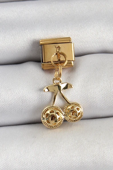 316L Çelik Sallantılı Zirkon Taşlı Fiyonk Model Gold Renk Nomination C316L Çelik Sallantılı Kiraz Model Gold Renk Nomina