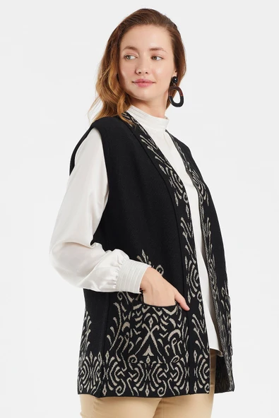 Kadın Siyah Desenli Triko Yelek - 3