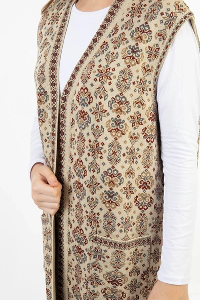 Kadın Taş Çiçek Desenli Cepli Uzun Kilim Yelek - 3