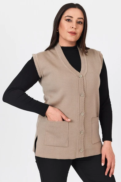Kadın Kum Düğmeli Çelik Örgü Yelek ürün görseli 1