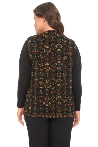 Kadın Petrol Çiçek Desenli Cepli Kilim Yelek - Resim 4