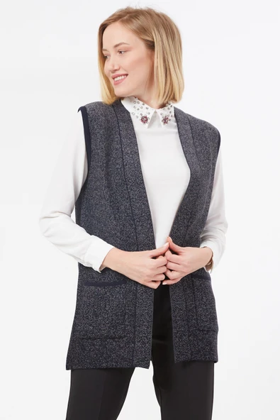 Kadın Lacivert Cepli Kolsuz Triko Örme Yelek - Resim 3