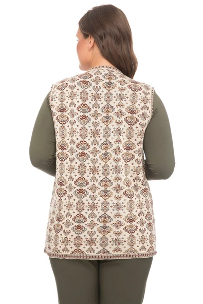 Kadın Taş Çiçek Desenli Cepli Kilim Yelek - 4