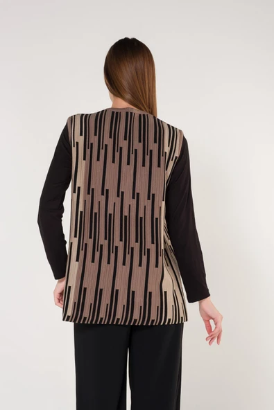 Kadın Vizon Şeritli Cepli V Yaka Ekose Triko Anne Yelek - Resim 4