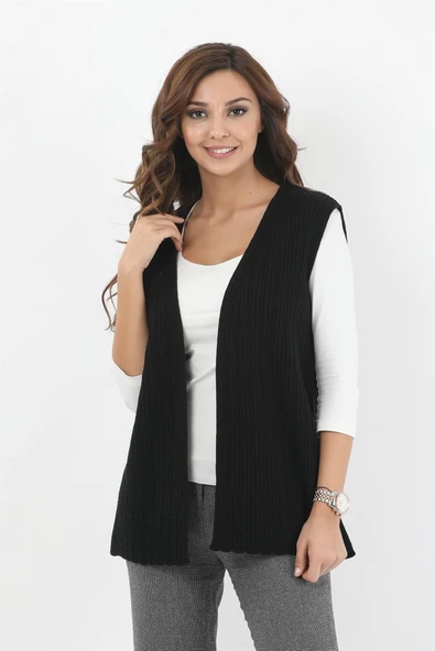 Kadın Siyah İşlemeli Fitilli Triko Yelek ürün görseli 1