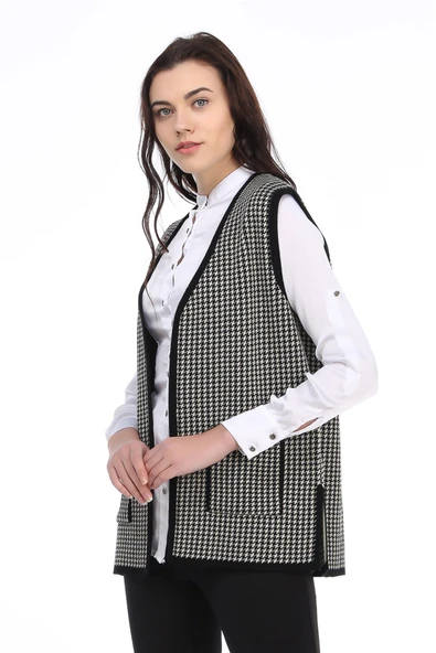 Kadın Siyah Beyaz Kazayağı Triko Anne Yelek - Resim 3