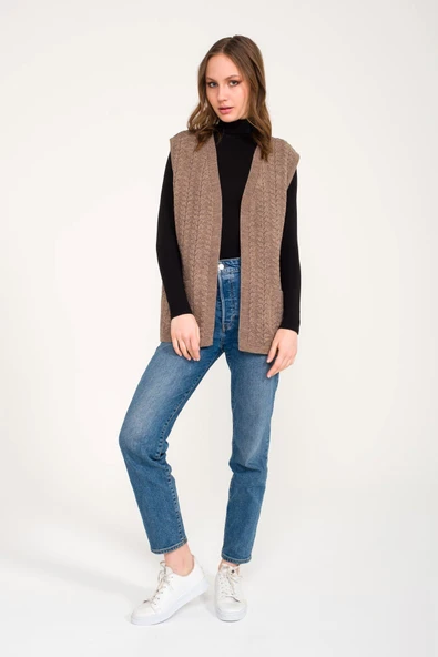 Kadın Vizon Cepli Kışlık Kalın Örme Triko Anne Yelek - Resim 3