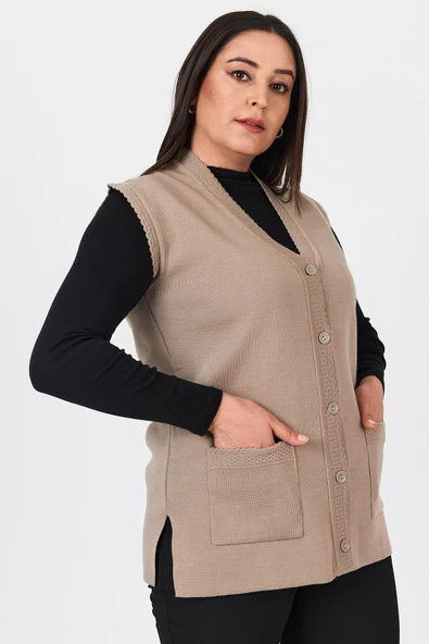 Kadın Kum Düğmeli Çelik Örgü Yelek - Resim 2
