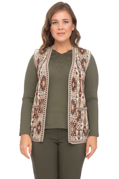 Kadın Taş Etnik Desenli Cepli Kilim Yelek ürün görseli 1