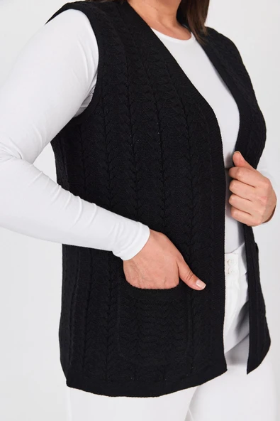 Kadın Siyah Cepli Kışlık Kalın Örme Triko Anne Yelek - Resim 3