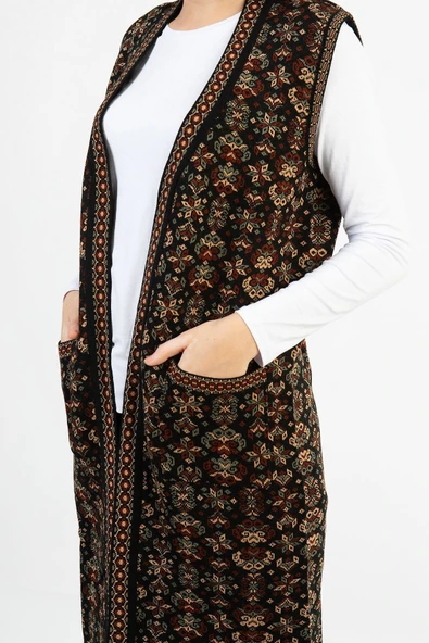 Kadın Çok Renkli Çiçek Desenli Cepli Uzun Kilim Yelek - 4