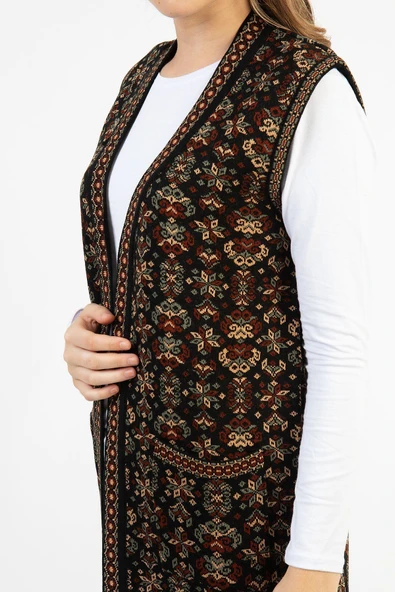 Kadın Çok Renkli Çiçek Desenli Cepli Uzun Kilim Yelek - 3