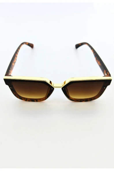 KahveRengi Kadın Güneş Gözlüğü UV 400 Korumalı Gözlük Leopar Desenli Çerçeve Metal Gold Detay - Resim 7