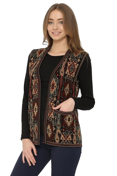 Kadın Çok Renkli Etnik Desenli Cepli Kilim Yelek - 2