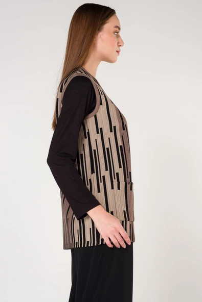 Kadın Vizon Şeritli Cepli V Yaka Ekose Triko Anne Yelek - Resim 3