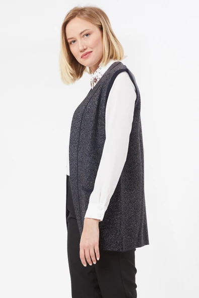 Kadın Lacivert Cepli Kolsuz Triko Örme Yelek - Resim 2