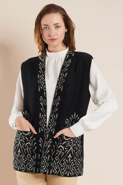 Kadın Siyah Desenli Triko Yelek ürün görseli 1
