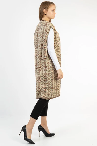Kadın Taş Çiçek Desenli Cepli Uzun Kilim Yelek - 4