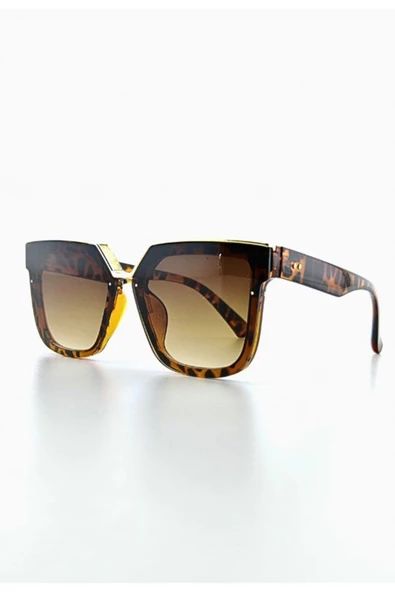 KahveRengi Kadın Güneş Gözlüğü UV 400 Korumalı Gözlük Leopar Desenli Çerçeve Metal Gold Detay - Resim 8