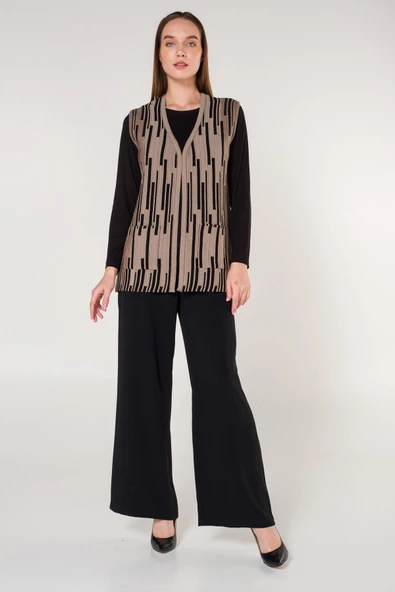 Kadın Kum Şeritli Cepli V Yaka Ekose Triko Anne Yelek - Resim 2