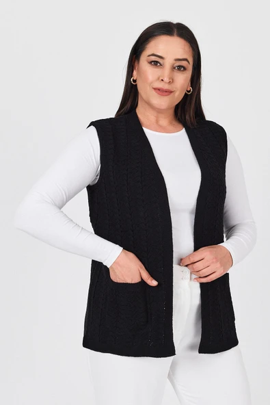 Kadın Siyah Cepli Kışlık Kalın Örme Triko Anne Yelek ürün görseli 1