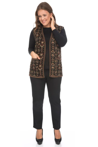 Kadın Çok Renkli Çiçek Desenli Cepli Kilim Yelek - Resim 3