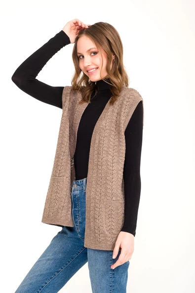 Kadın Vizon Cepli Kışlık Kalın Örme Triko Anne Yelek - Resim 2