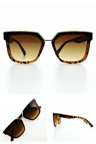 KahveRengi Kadın Güneş Gözlüğü UV 400 Korumalı Gözlük Leopar Desenli Çerçeve Metal Gold Detay - Resim 2