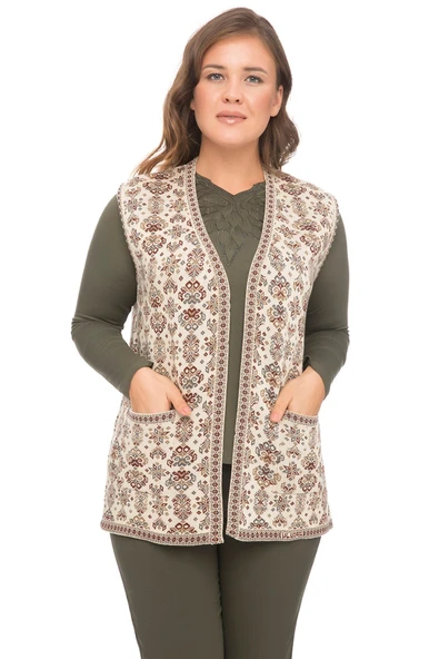 Kadın Taş Çiçek Desenli Cepli Kilim Yelek - 1