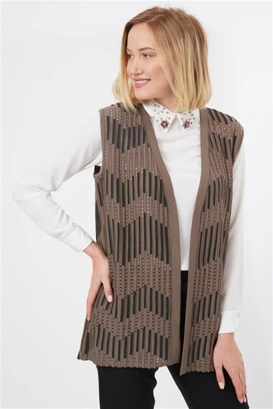 Kadın Vizon Zikzak Desenli Ajurlu Yazlık Anne Triko Yelek - Resim 3