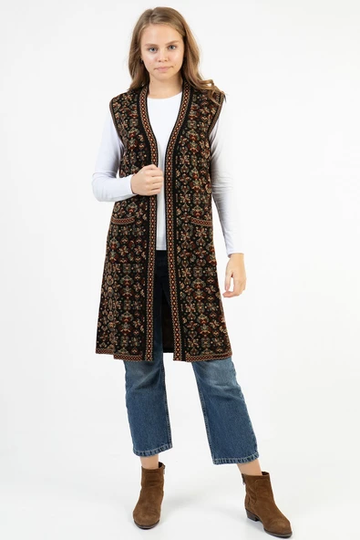 Kadın Çok Renkli Çiçek Desenli Cepli Uzun Kilim Yelek