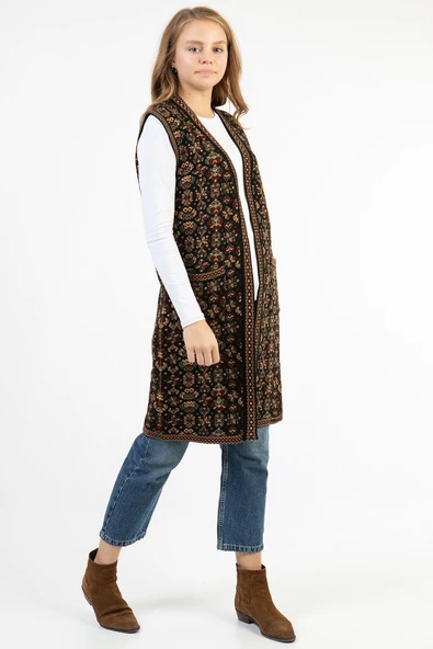 Kadın Çok Renkli Çiçek Desenli Cepli Uzun Kilim Yelek - 2