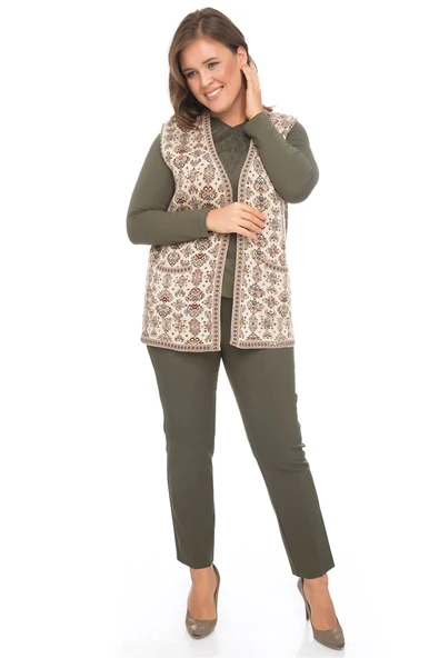 Kadın Taş Çiçek Desenli Cepli Kilim Yelek - 2