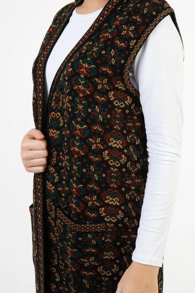 Kadın Petrol Çiçek Desenli Cepli Uzun Kilim Yelek - 3